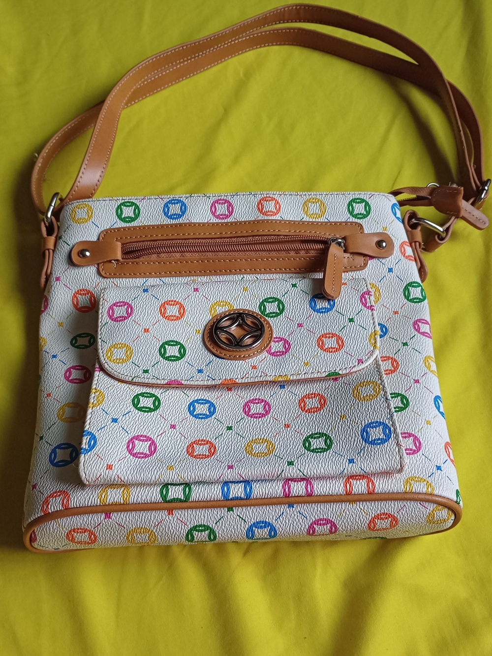 White Multicolor Pattern Crossbody Bag with Tan Trim By Croft And Borrow